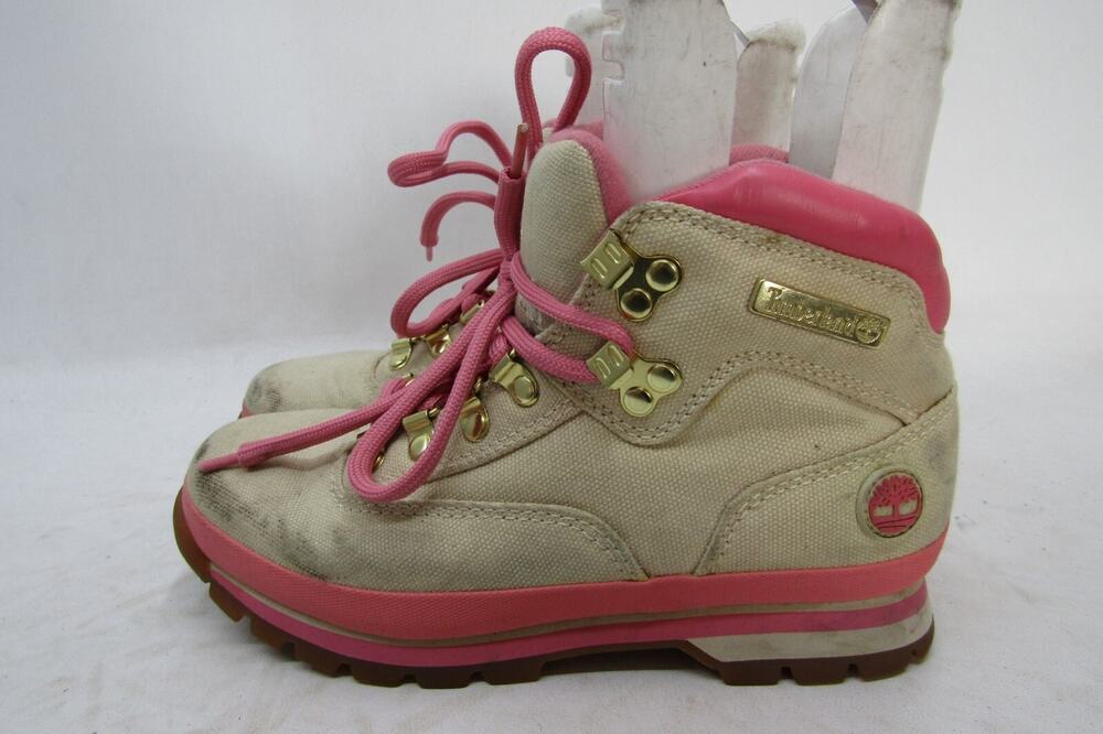 Timberland Womens Size 7 M Cream Canvas Pink Lace Up Ankle Fashion Boots Bootie